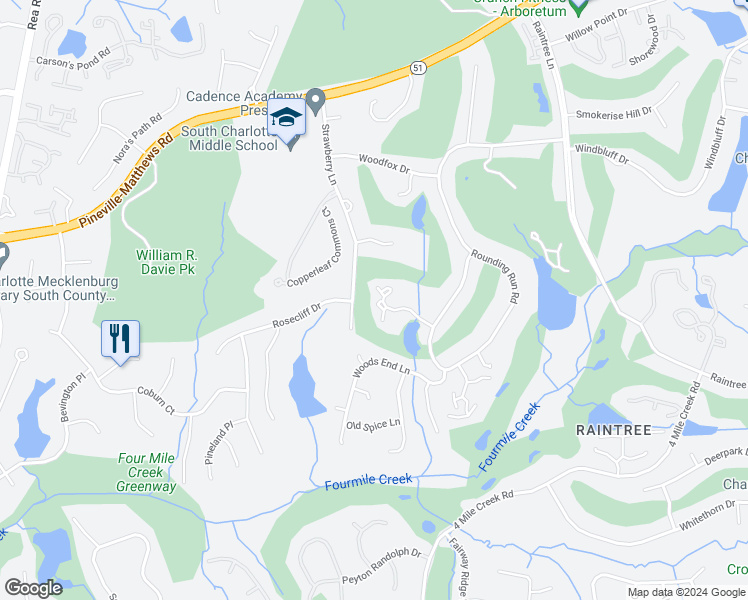 map of restaurants, bars, coffee shops, grocery stores, and more near 4089 North Course Drive in Charlotte