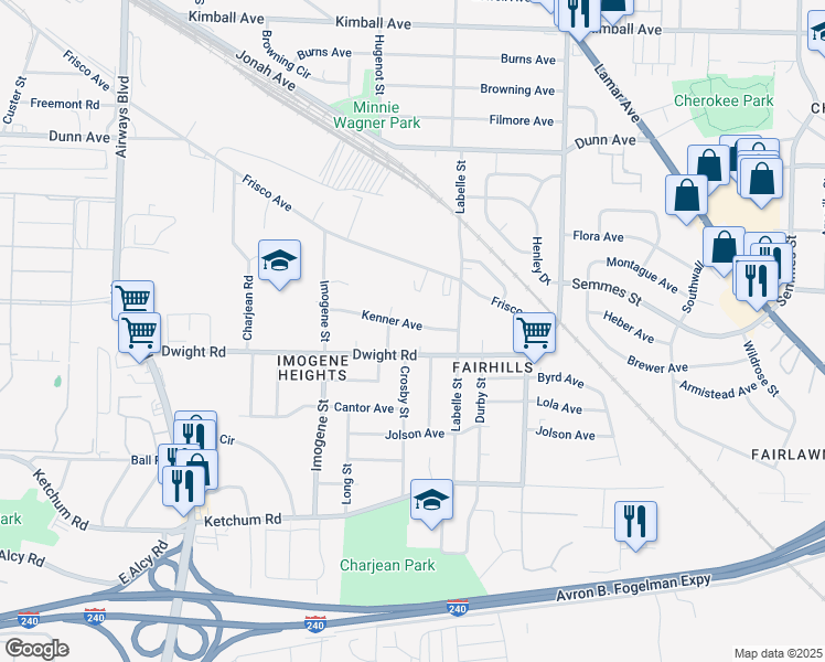 map of restaurants, bars, coffee shops, grocery stores, and more near 2610 Dwight Road in Memphis