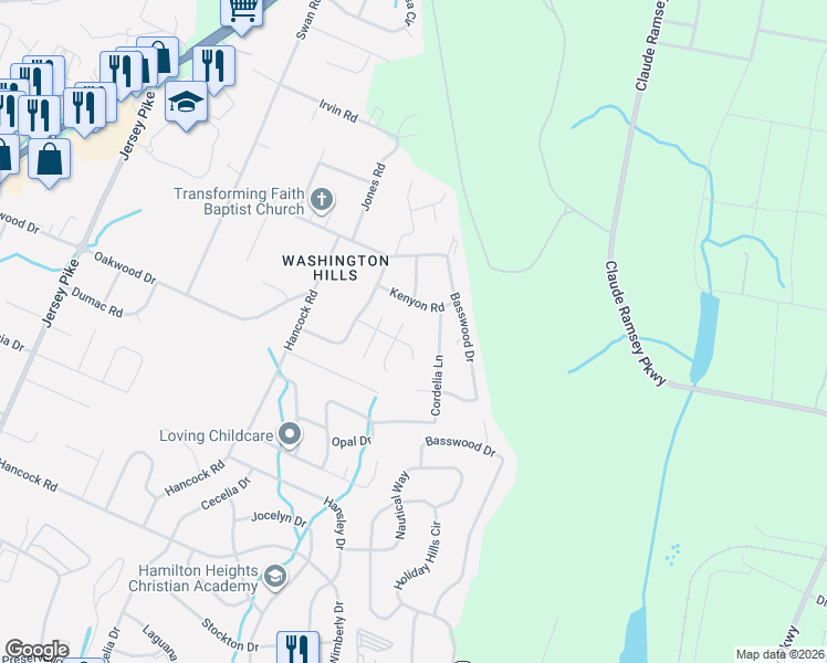 map of restaurants, bars, coffee shops, grocery stores, and more near 4708 Ranger Lane in Chattanooga