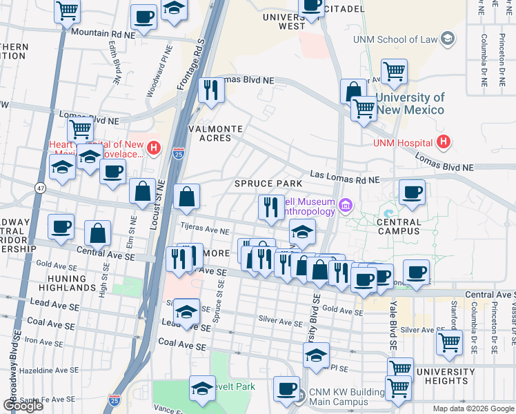 map of restaurants, bars, coffee shops, grocery stores, and more near 415 Sycamore Street Southeast in Albuquerque