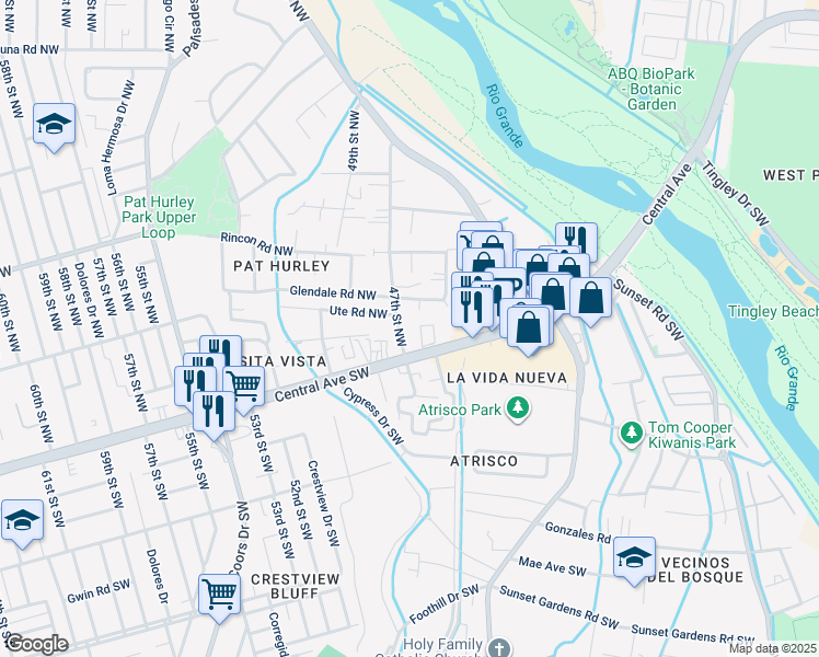 map of restaurants, bars, coffee shops, grocery stores, and more near 116 47th Street Northwest in Albuquerque