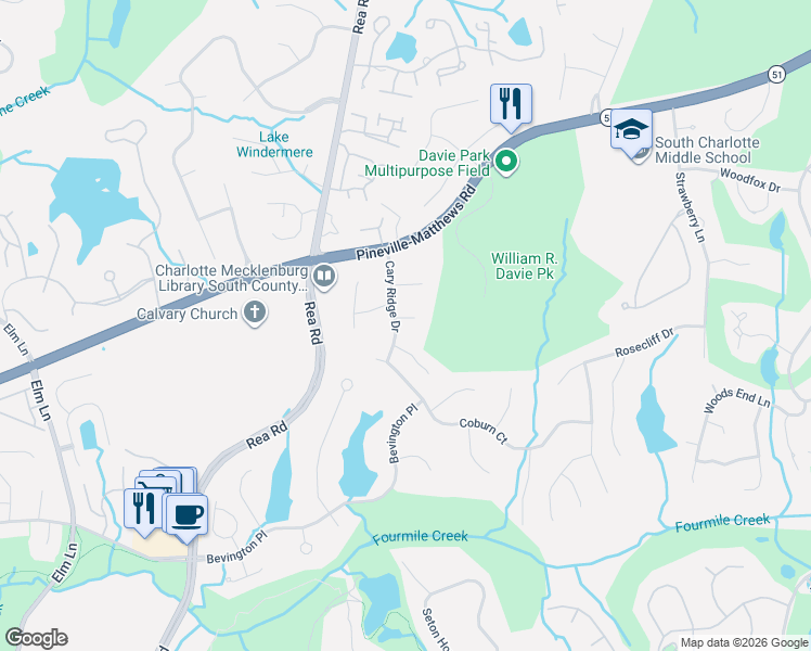 map of restaurants, bars, coffee shops, grocery stores, and more near 5007 Cranston Court in Charlotte