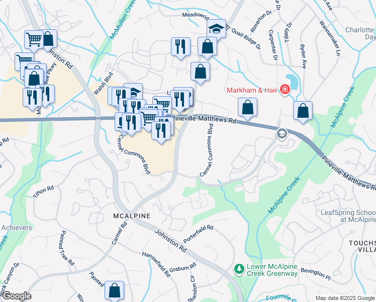 map of restaurants, bars, coffee shops, grocery stores, and more near 6701 Carmel Road in Charlotte