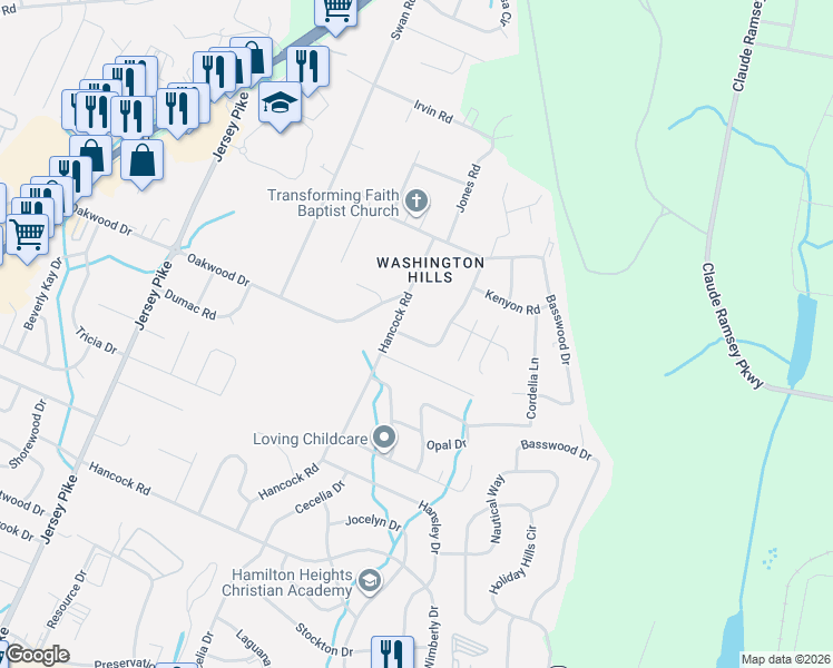 map of restaurants, bars, coffee shops, grocery stores, and more near 5412 Winniespann Road in Chattanooga