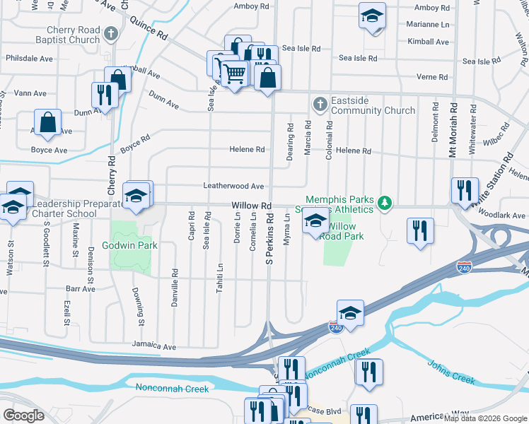 map of restaurants, bars, coffee shops, grocery stores, and more near 1704 South Perkins Road in Memphis