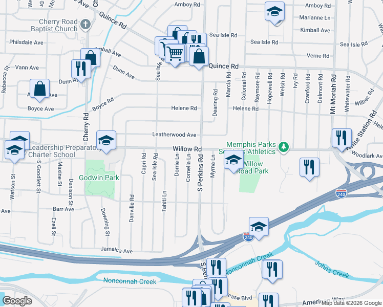 map of restaurants, bars, coffee shops, grocery stores, and more near 1709 Cornelia Lane in Memphis