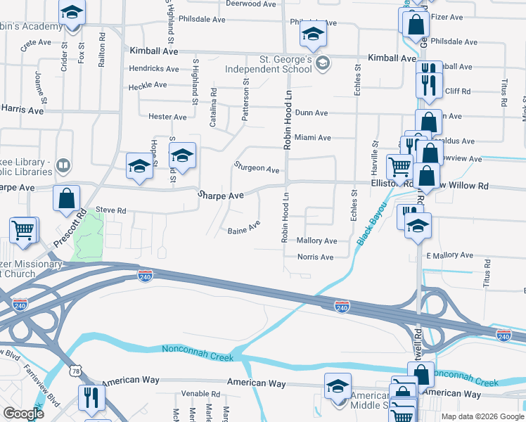 map of restaurants, bars, coffee shops, grocery stores, and more near 1709 Baine Avenue in Memphis