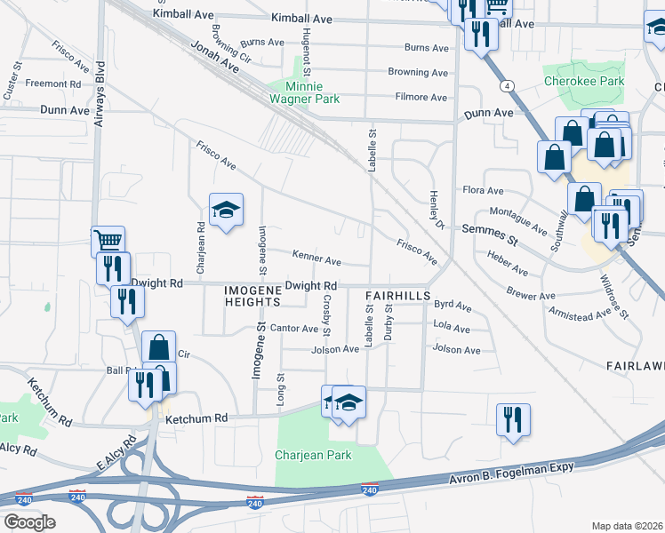 map of restaurants, bars, coffee shops, grocery stores, and more near 2610 Dwight Road in Memphis