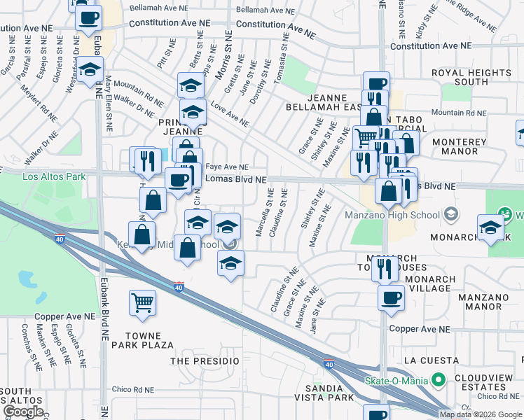 map of restaurants, bars, coffee shops, grocery stores, and more near 804 Marcella Street Northeast in Albuquerque
