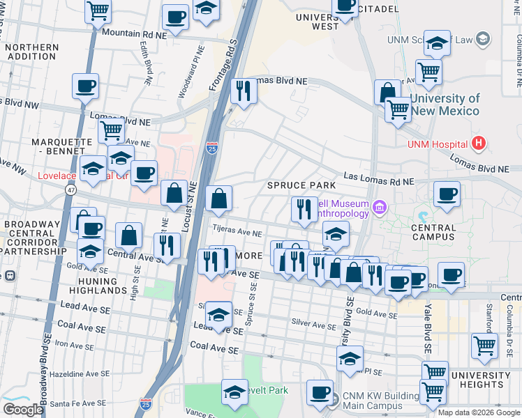 map of restaurants, bars, coffee shops, grocery stores, and more near 404 Ridge Place Northeast in Albuquerque