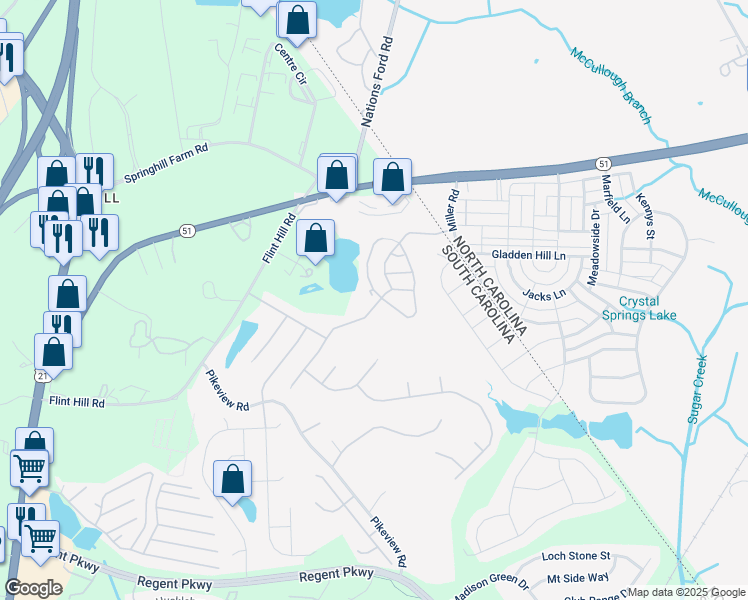 map of restaurants, bars, coffee shops, grocery stores, and more near 915 Par One Court in Fort Mill