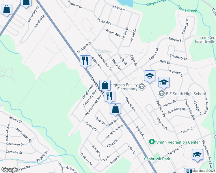 map of restaurants, bars, coffee shops, grocery stores, and more near 107 Jasper St in Fayetteville
