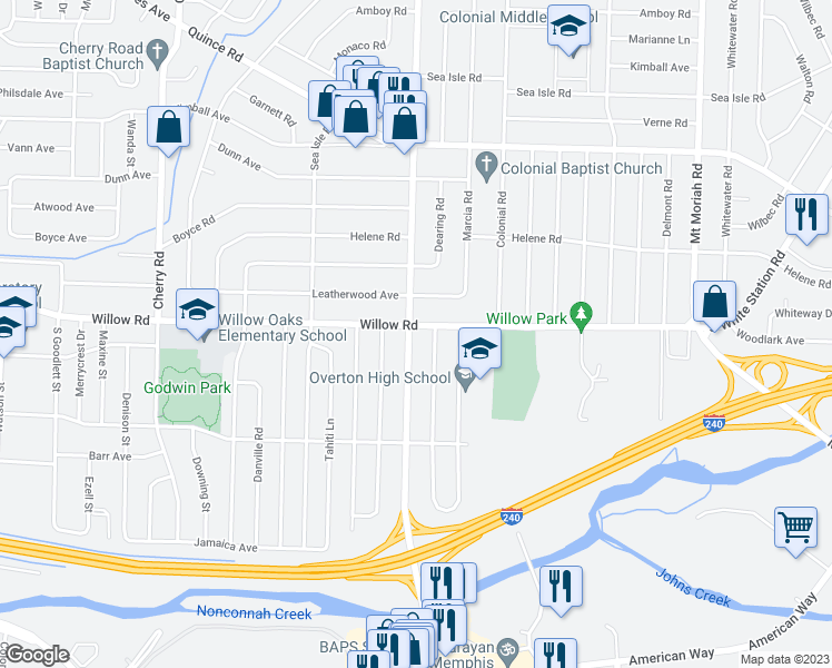 map of restaurants, bars, coffee shops, grocery stores, and more near 1694 South Perkins Road in Memphis