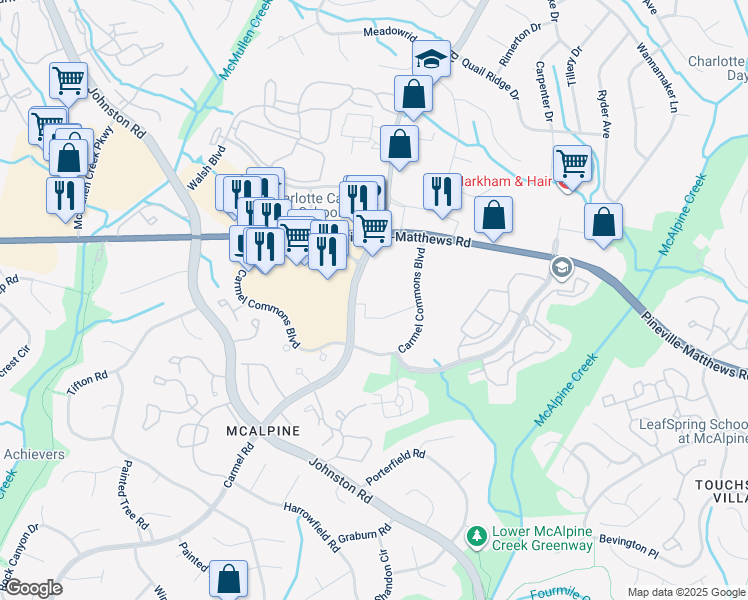 map of restaurants, bars, coffee shops, grocery stores, and more near 6701 Carmel Road in Charlotte