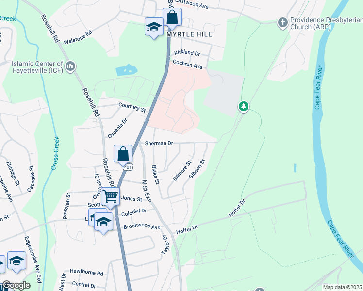 map of restaurants, bars, coffee shops, grocery stores, and more near 1926 Dogwood Street in Fayetteville