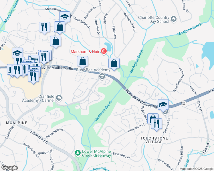 map of restaurants, bars, coffee shops, grocery stores, and more near 6635 Cow Hollow Drive in Charlotte