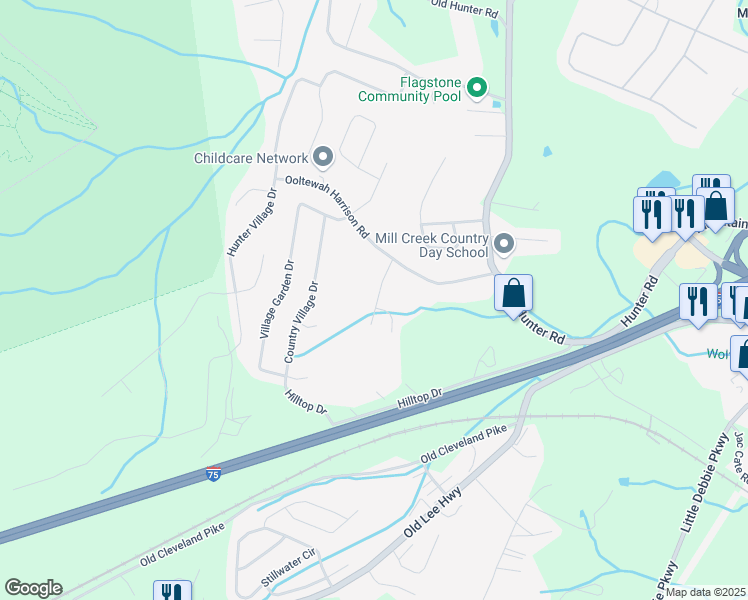map of restaurants, bars, coffee shops, grocery stores, and more near 5471 Little Gem Lane in Ooltewah