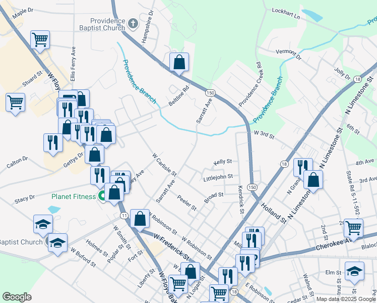 map of restaurants, bars, coffee shops, grocery stores, and more near 415 Sarratt Avenue in Gaffney