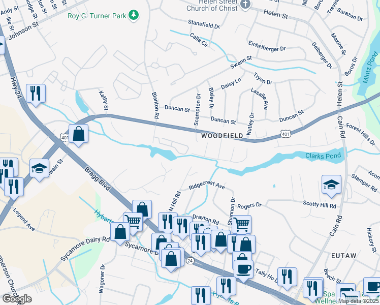 map of restaurants, bars, coffee shops, grocery stores, and more near 3355 Galleria Drive in Fayetteville