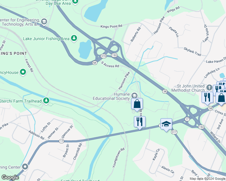 map of restaurants, bars, coffee shops, grocery stores, and more near 4120 Maple Terrace Lane in Chattanooga