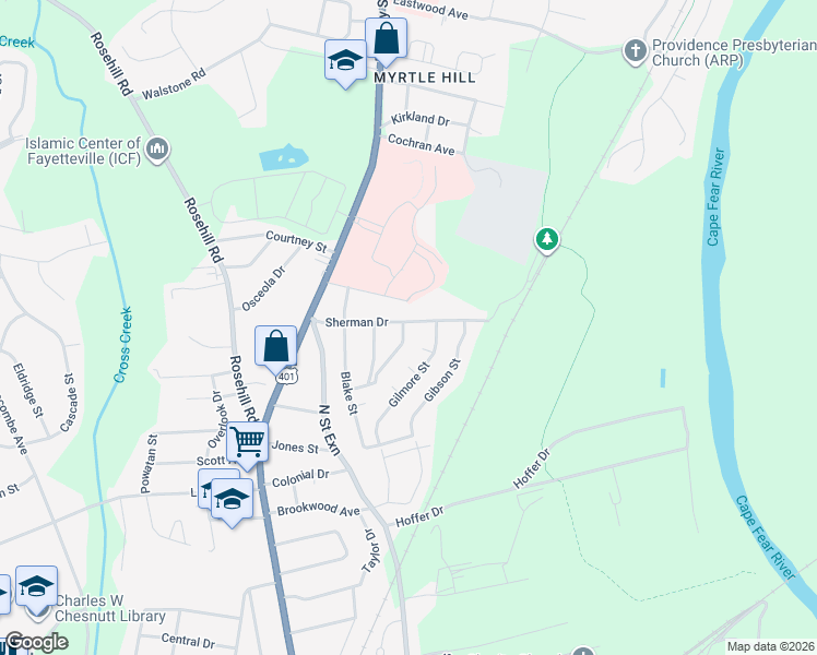 map of restaurants, bars, coffee shops, grocery stores, and more near 1932 Dogwood Street in Fayetteville