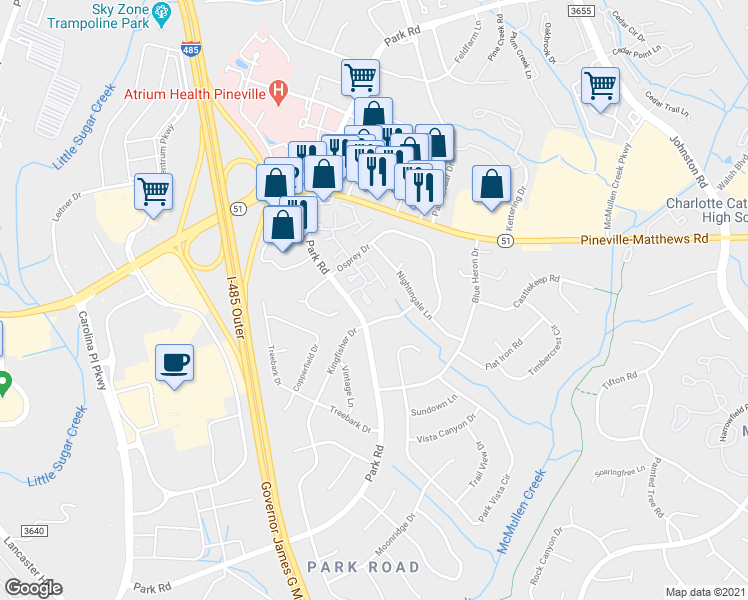 map of restaurants, bars, coffee shops, grocery stores, and more near 11037 Hunter Trail Lane in Charlotte