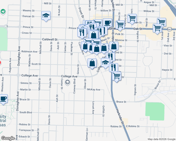 map of restaurants, bars, coffee shops, grocery stores, and more near 510 Oliver Street in Conway