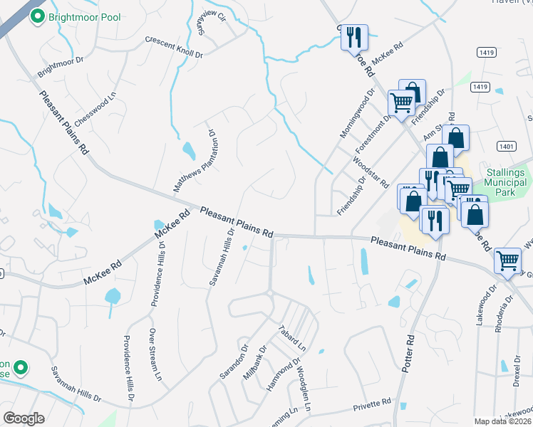 map of restaurants, bars, coffee shops, grocery stores, and more near 3227 Pleasant Plains Road in Matthews
