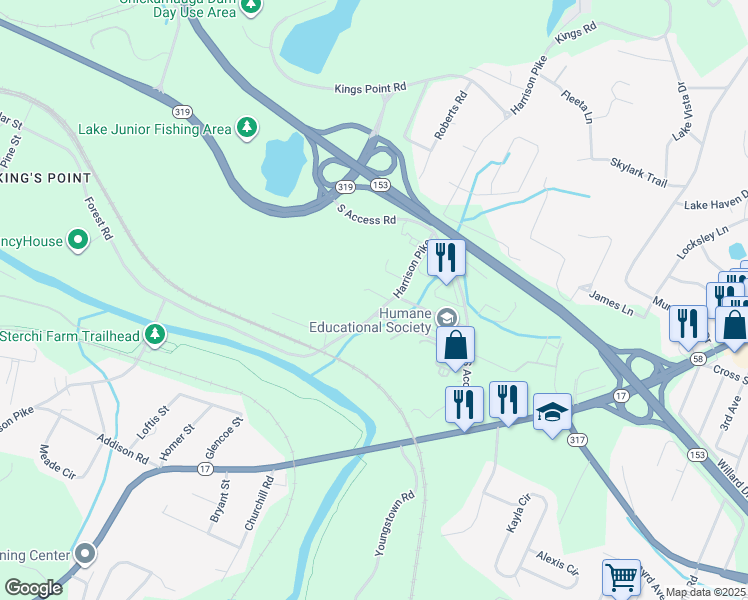 map of restaurants, bars, coffee shops, grocery stores, and more near 4120 Maple Terrace Lane in Chattanooga