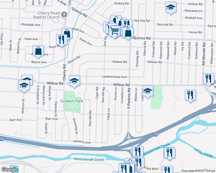 map of restaurants, bars, coffee shops, grocery stores, and more near 1714 Tahiti Lane in Memphis