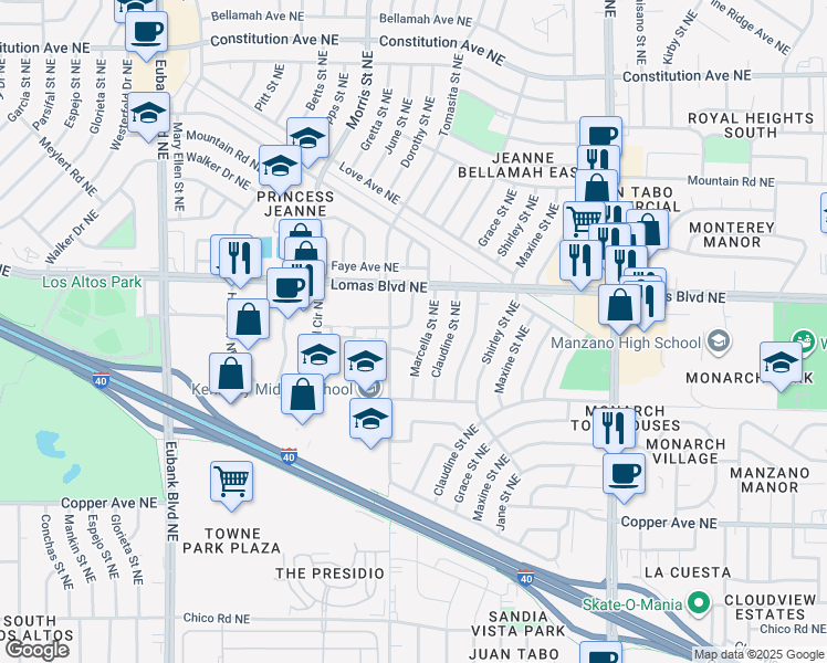 map of restaurants, bars, coffee shops, grocery stores, and more near 804 Marcella Street Northeast in Albuquerque