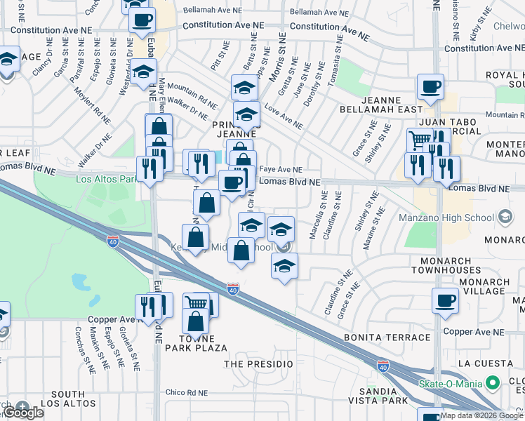 map of restaurants, bars, coffee shops, grocery stores, and more near 11240 Campo Del Sol Avenue in Albuquerque