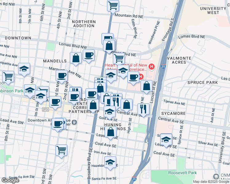 map of restaurants, bars, coffee shops, grocery stores, and more near 411 Tijeras Avenue Northeast in Albuquerque