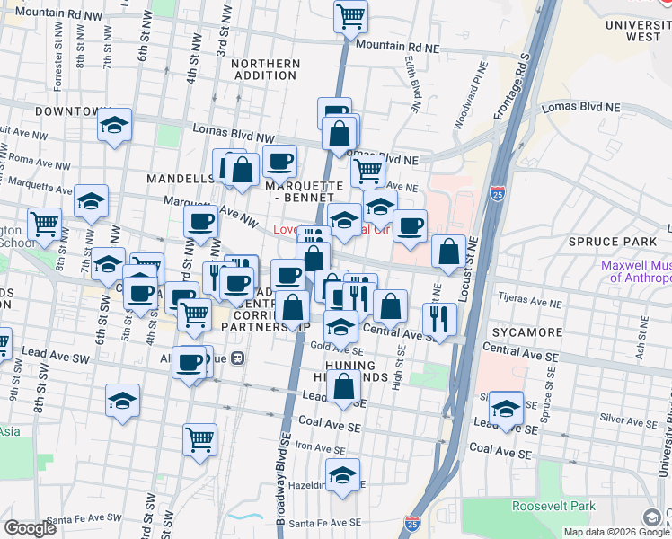 map of restaurants, bars, coffee shops, grocery stores, and more near in Albuquerque