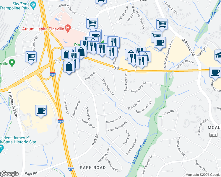map of restaurants, bars, coffee shops, grocery stores, and more near 8717 Nightingale Lane in Charlotte