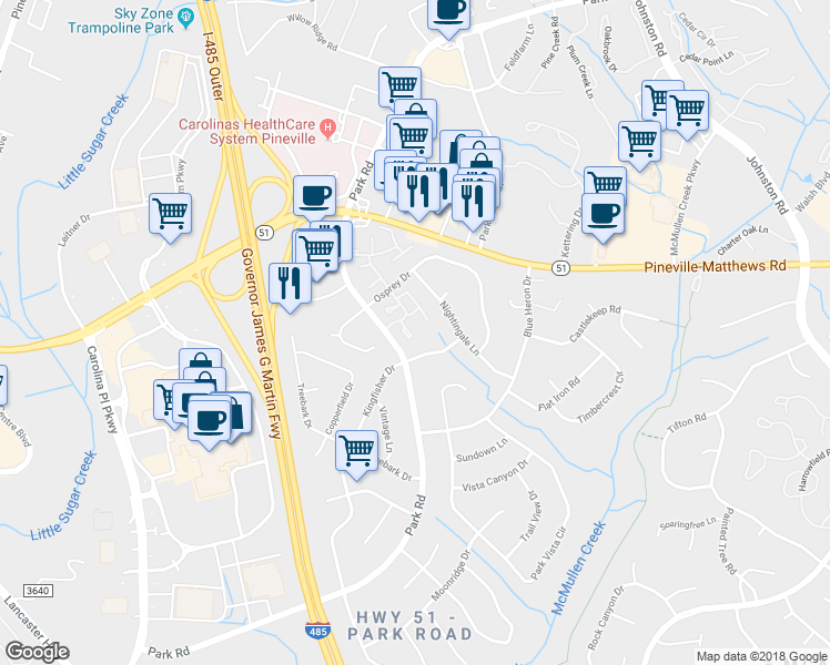 map of restaurants, bars, coffee shops, grocery stores, and more near 10716 Kingfisher Drive in Charlotte