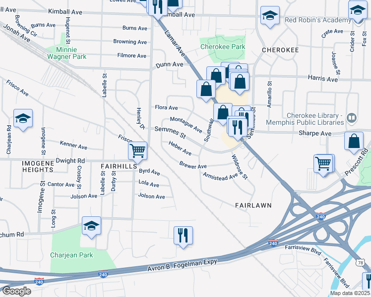 map of restaurants, bars, coffee shops, grocery stores, and more near 2875 Heber Avenue in Memphis