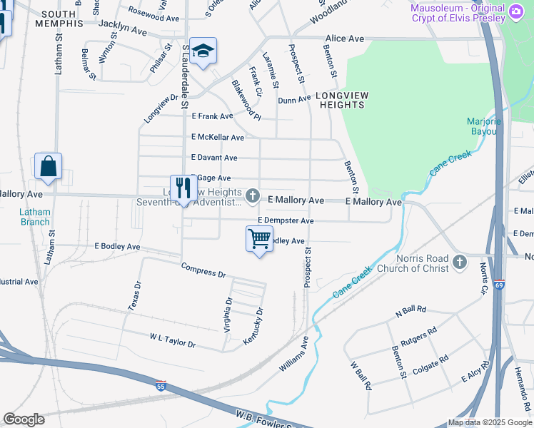 map of restaurants, bars, coffee shops, grocery stores, and more near 721 East Dempster Avenue in Memphis