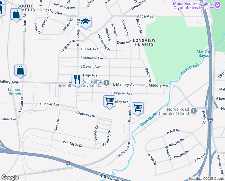 map of restaurants, bars, coffee shops, grocery stores, and more near 721 East Dempster Avenue in Memphis