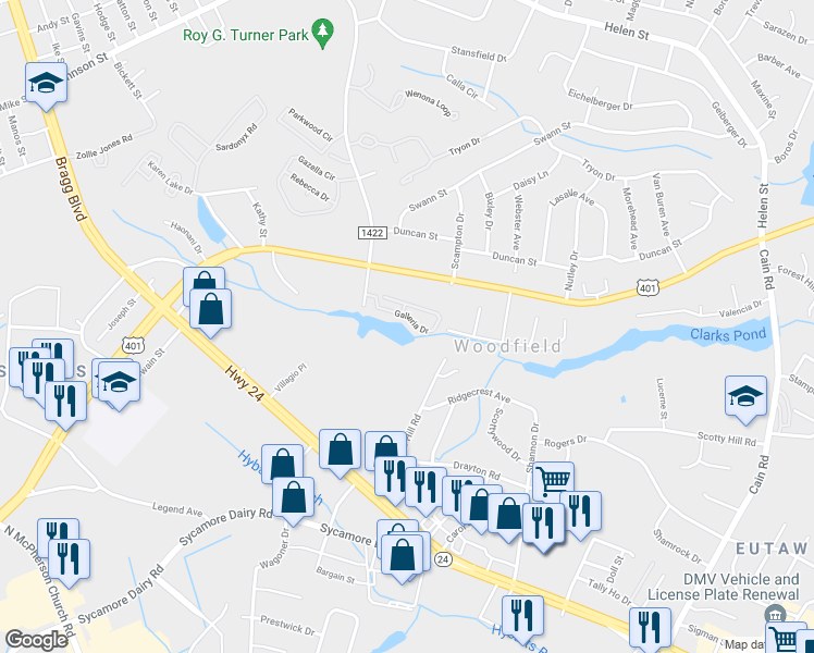 map of restaurants, bars, coffee shops, grocery stores, and more near 3375 Galleria Drive in Fayetteville