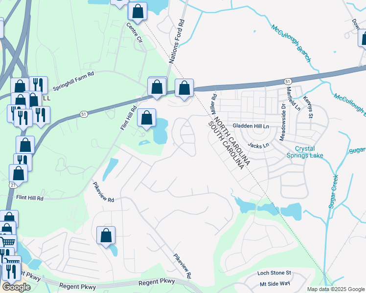 map of restaurants, bars, coffee shops, grocery stores, and more near 741 Rock Lake Glen in Fort Mill