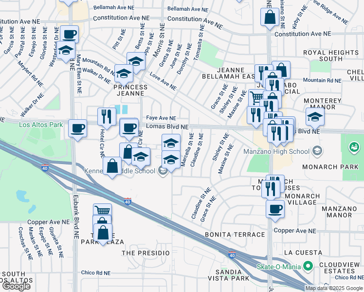 map of restaurants, bars, coffee shops, grocery stores, and more near 804 Marcella Street Northeast in Albuquerque