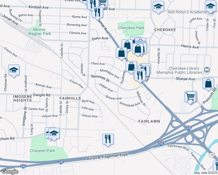 map of restaurants, bars, coffee shops, grocery stores, and more near 2875 Heber Avenue in Memphis