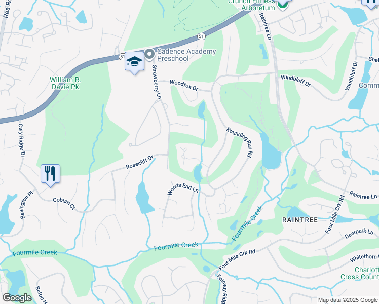 map of restaurants, bars, coffee shops, grocery stores, and more near 4102 North Course Drive in Charlotte