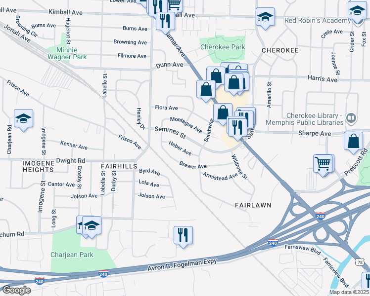 map of restaurants, bars, coffee shops, grocery stores, and more near 2860 Heber Avenue in Memphis
