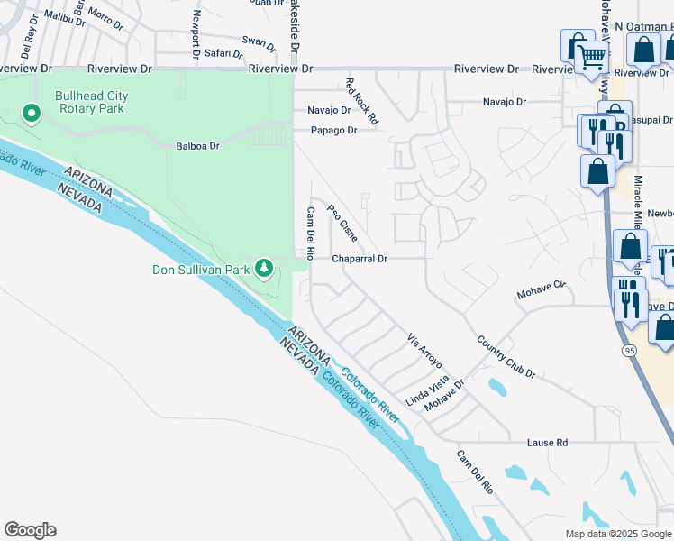 map of restaurants, bars, coffee shops, grocery stores, and more near 2505 Vía Arroyo in Bullhead City