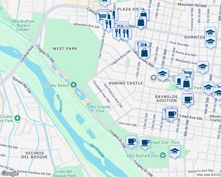 map of restaurants, bars, coffee shops, grocery stores, and more near 1616 San Patricio Avenue Southwest in Albuquerque