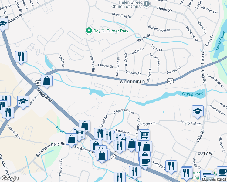 map of restaurants, bars, coffee shops, grocery stores, and more near 3351 Galleria Drive in Fayetteville