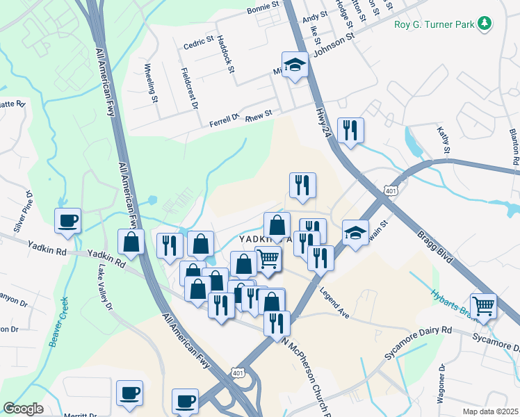 map of restaurants, bars, coffee shops, grocery stores, and more near 623 Adair Street in Fayetteville