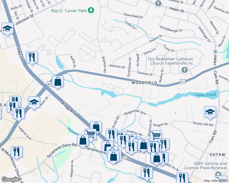 map of restaurants, bars, coffee shops, grocery stores, and more near 3371 Galleria Drive in Fayetteville